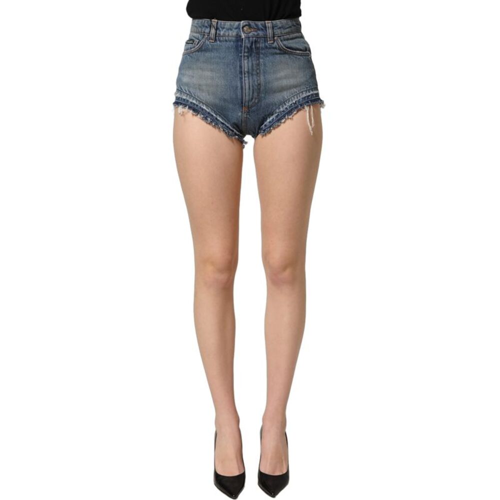 Dolce & Gabbana Blue Cotton High Waist Denim Hotpants Women's Shorts